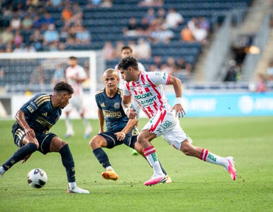 August 9, 2026, Chester, Pennsylvania, United States: Philadelphia UnionÃ¢â‚¬â ¢s NATHAN HARRIEL (26) and CAVAN SULLIVAN (6) in action against Club Necaxa JAVIER RUIZ (10) during the Leagues Cup match at Subaru Park in Chester PA Soccer 2026: Union 3:1 Club Necaxa  - ZUMArf1_ 20260809_zaf_rf1_002 Copyright: xRickyxFitchettx