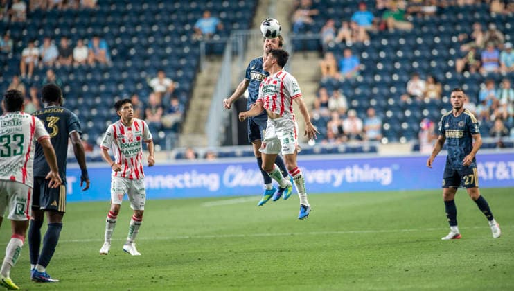 August 9, 2026, Chester, Pennsylvania, United States: Philadelphia UnionÃ¢â‚¬â ¢s INDIANA VASSILEV (19) in action against Club Necaxa MIGUEL RODRIGUEZ (99) during the Leagues Cup match at Subaru Park in Chester PA Soccer 2026: Union 3:1 Club Necaxa  - ZUMArf1_ 20260809_zaf_rf1_017 Copyright: xRickyxFitchettx