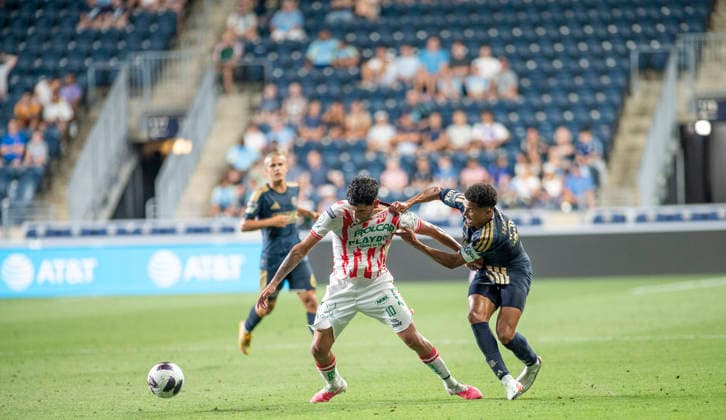 August 9, 2026, Chester, Pennsylvania, United States: Philadelphia UnionÃ¢â‚¬â ¢s NATHAN HARRIEL (26) in action against Club Necaxa JAVIER RUIZ (10) during the Leagues Cup match at Subaru Park in Chester PA Chester United States - ZUMArf1_ 20260809_zaf_rf1_011 Copyright: xRickyxFitchettx
