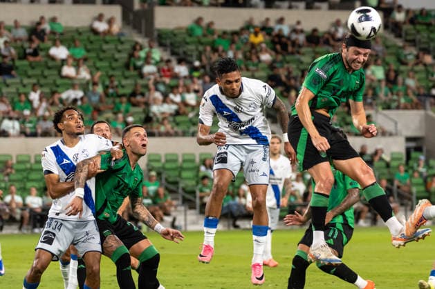 AUSTIN, TX - AUGUST 09: Midfielder Ilie Sanchez 6 of the Austin FC heads the ball on a corner kick during the Leagues Cup match between Austin FC and Club Puebla on August 9, 2026, at Q2 Stadium in Austin, TX. (Photo by David Buono Icon Sportswire) SOCCER: AUG 09 Leagues Cup Austin vs Puebla EDITORIAL USE ONLY Icon260809030