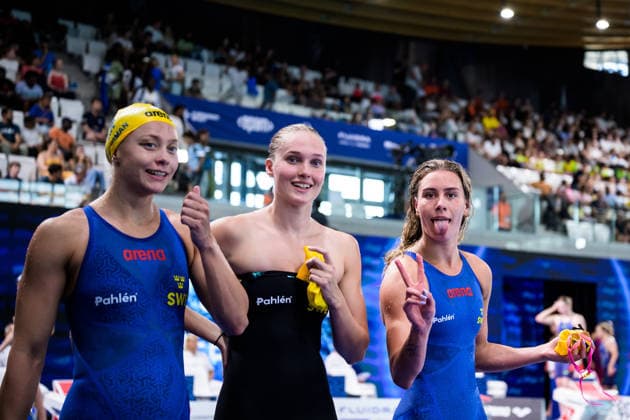 260810 Hanna Bergman, Elvira Mörtstrand and Sofia Astedt of Sweden after competing in women™s 4x200 meters freestyle swimming relay heats during day eleven of the 2026 European Aquatics Championships on August 10, 2026 in Saint-Denis. Photo: Joel Marklund BILDBYRAN kod JM JM0838 bbeng simning swimming svomming 2026 european aquatics championships em dam Sverige lagkapp *** August 10, 2026: Hanna Bergman, Elvira Mörtstrand, and Sofia Astedt of Sweden after competing in the women’s 4x200-meter freestyle swimming relay heats on the eleventh day of the 2026 European Aquatics Championships on August 10, 2026 in Saint-Denis. Photo by Joel Marklund, BILDBYRAN, code JM JM0838 bbeng swimming 2026 European Aquatics Championships European Championships women’s Sweden relay  Copyright: JOELxMARKLUND BB260810JM050