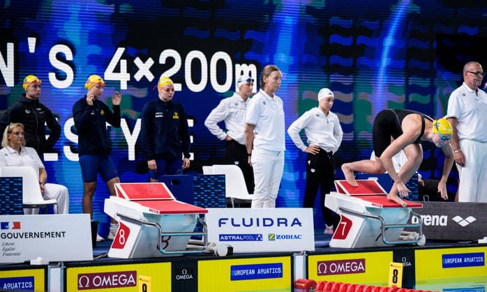 260810 Sofia Astedt, Hanna Bergman, Thilda Häll and Elvira Mörtstrand of Sweden in women™s 4x200 meters freestyle swimming relay heats during day eleven of the 2026 European Aquatics Championships on August 10, 2026 in Saint-Denis. Photo: Joel Marklund BILDBYRAN kod JM JM0838 bbeng simning swimming svomming 2026 european aquatics championships em dam Sverige lagkapp *** August 10, 2026: Sofia Astedt, Hanna Bergman, Thilda Häll, and Elvira Mörtstrand of Sweden in the women’s 4x200-meter freestyle swimming relay heats during day eleven of the 2026 European Aquatics Championships on August 10, 2026 in Saint Denis. Photo by Joel Marklund. BILDBYRAN code JM JM0838 bbeng swimming 2026 European Aquatics Championships European Championships women Sweden relay  Copyright: JOELxMARKLUND BB260810JM052