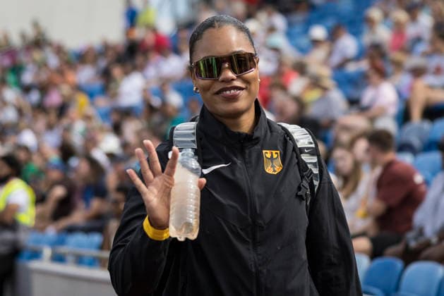 BIRMINGHAM, GREAT BRITAIN - AUGUST 10, 2026 : Yemisi MABRY (GER Germany) smiles after a successful shot put qualification during the European Athletics Championships at Alexander Stadium on August 10, 2026 in Birmingham, Great Britain. Oregon Great Britain Copyright: xAxelxKohringx