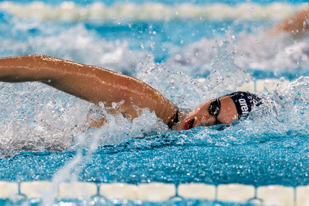 SWIMMING - EAC 2026 PARIS,FRANCE,10.AUG.26 - SWIMMING - European Aquatics Championships Paris 2026, 4x200m freestyle, women. Image shows Aviva Hollinsky (AUT).  GEPAxpictures xPhilippxBrem
