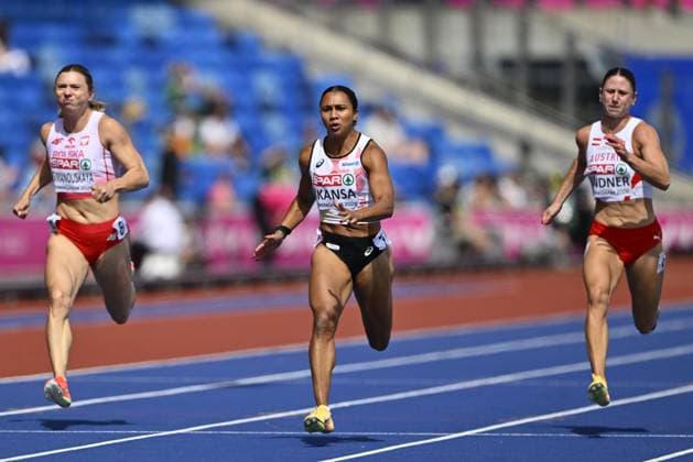Belgian Delphine Nkansa (C) pictured at the 1st round of the women s 100m race at the European Athletics Championships (August 10-18) in Birmingham, United Kingdom, on Monday 10 August 2026. ERICxLALMAND  x183079566x