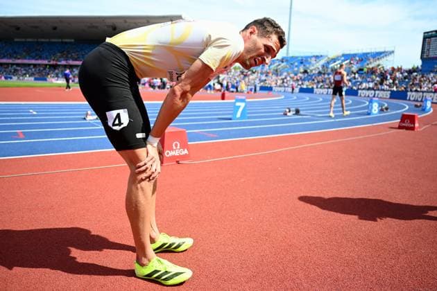 Belgian Dylan Borlee reacts after the 1st round of the men s 400m race at the European Athletics Championships (August 10-18) in Birmingham, United Kingdom, on Monday 10 August 2026. ERICxLALMAND  x183083590x