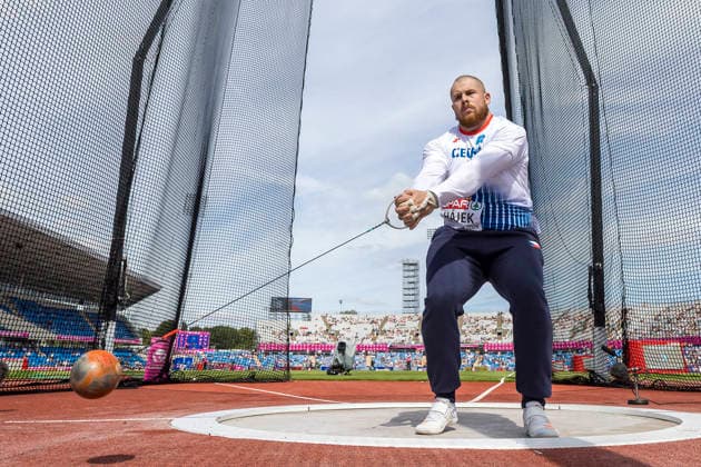 BIRMINGHAM, GREAT BRITAIN - AUGUST 10, 2026 : Patrik Hájek (CZE) competing in the hammer throw qualification during the European Athletics Championships at Alexander Stadium on August 10, 2026 in Birmingham, Great Britain. Oregon Great Britain Copyright: xAxelxKohringx