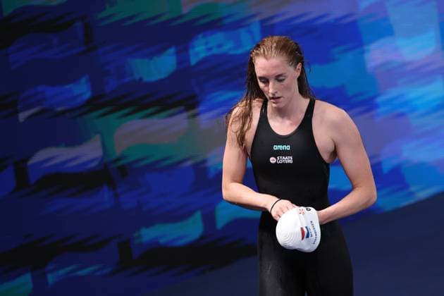 Dutch Marrit Steenbergen reacts after winning her the semifinals of the Women s 100m Freestyle, at the European Aquatics Championships in Paris, France on Monday 10 August 2026. VIRGINIExLEFOUR  x183101618x