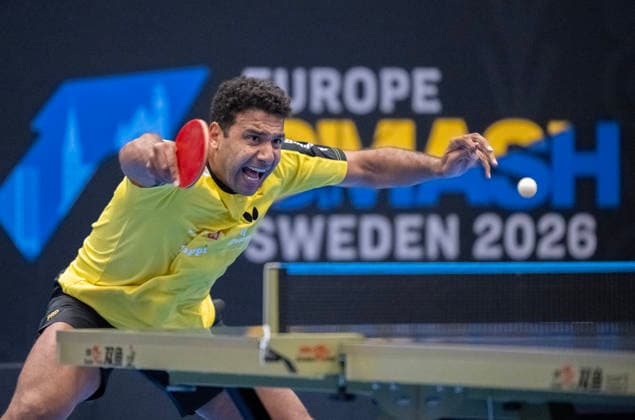 Omar Assar from Egypt in the match against Chen Junsongi from China in the first round of the men s singles in the Table tennis, Tischtennis tournament Europe Smash Sweden 2026 at Baltiska Hallen in Malmö, Sweden, on August 10, 2026. MALMÖ SWEDEN x50090x *** Omar Assar of Egypt in his match against Chen Junsongi of China in the first round of the men s singles at the Europe Smash Sweden 2026 table tennis tournament at Baltiska Hallen in Malmö, Sweden, on August 10, 2026 MALMÖ SWEDEN x50090x  Copyright: xJohanxNilssonx xTTx EUROPE SMASH SWEDEN 2026