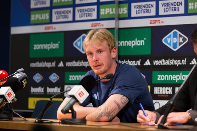 RECORD DATE NOT STATED 9th August 2026; MAC3PARK Stadion, Zwolle, Netherlands; Eredivisie Football, PEC Zwolle versus Ajax; Julian Brandt of Ajax at the press conference, PK, Pressekonferenz after the game AnthonyxBenoit
