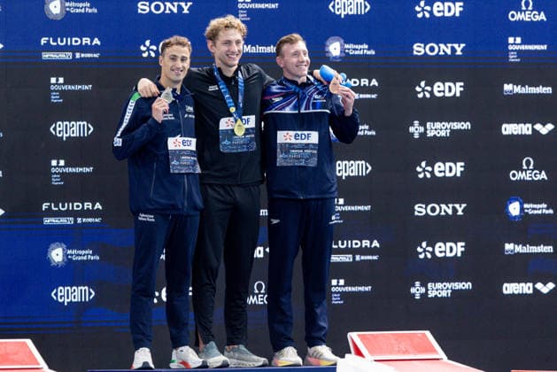 European Aquatics Championships Swimming Day 1 Alberto Razzetti, Ilia Borodin, Max Litchfield during European Aquatics Championships Swimming Day 1 in Paris, France, on August 10, 2026 Paris France  Copyright: xFotoxOlimpikx originalFilename:jastrzebowski-european260810_npiA4.jpg