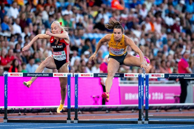 10.08.2026, GBR, Leichtathletik, Europameisterschaft 2026, Abendsession Tag 1, Birmingham Rosina Schneider ( Deutschland ), Lovise Skarbovik Andresen ( Norwegen ), 100 Meter Hürden Sprint Damen, Vorlauf Birmingham Alexander Stadium England Großbritannien *** August 10, 2026, GBR, Track and Field, 2026 European Championships, Evening Session, Day 1, Birmingham: Rosina Schneider (Germany), Lovise Skarbovik Andresen (Norway), Women s 100-meter Hurdles, Heats, Birmingham Alexander Stadium, England, Great Britain Copyright: xNordphoto Memmlerx