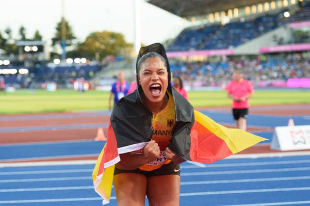 BIRMINGHAM, GREAT BRITAIN - August 10: Yemisi Mabry (Germany) screaming after winning the bronze medal in the shot put final during the European Athletics Championships 2026 at Alexander Stadium in Birmingham, Great Britain (Photo by Sven Beyrich Sports Press Photo)  Copyright: xSvenxBeyrich SportsxPressxPhotox Sportspressphoto_SPR204142
