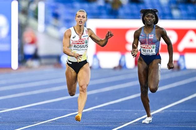 Belgian Rani Rosius and Britain s Darylll Neita (R) pictured in action during the semi-finals of the women s 100m race at the European Athletics Championships (August 10-18) in Birmingham, United Kingdom, on Monday 10 August 2026. ERICxLALMAND  x183106358x