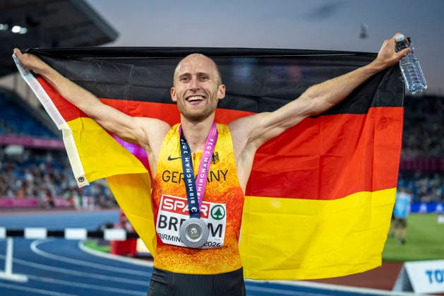 BIRMINGHAM, GREAT BRITAIN - AUGUST 10, 2026 : Silver over 5000m for Florian BREMM (GER Germany) during the European Athletics Championships at Alexander Stadium on August 10, 2026 in Birmingham, Great Britain. Nordrhein-Westfalen Great Britain Copyright: xLeahxKohringx