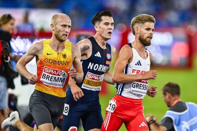 German Florian Bremm, Norwegian Jakob Ingebrigtsen and French Jimmy Gressier pictured in action during the men s 5000m race at the European Athletics Championships (August 10-18) in Birmingham, United Kingdom, on Monday 10 August 2026. ERICxLALMAND  x183108207x