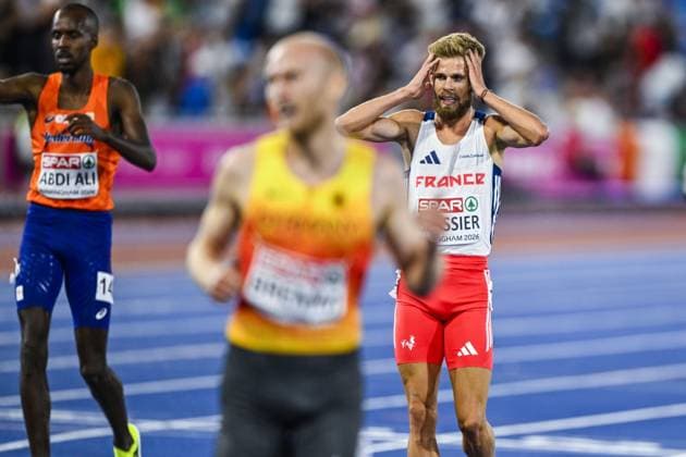 French Jimmy Gressier reacts after the men s 5000m race at the European Athletics Championships (August 10-18) in Birmingham, United Kingdom, on Monday 10 August 2026. ERICxLALMAND  x183108230x