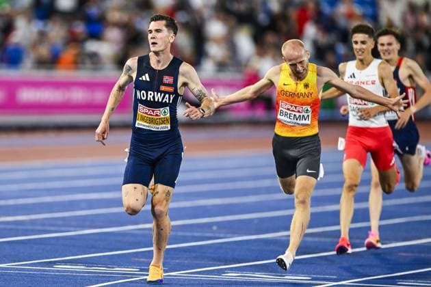 Norwegian Jakob Ingebrigtsen runs to win the men s 5000m race at the European Athletics Championships (August 10-18) in Birmingham, United Kingdom, on Monday 10 August 2026. ERICxLALMAND  x183108265x