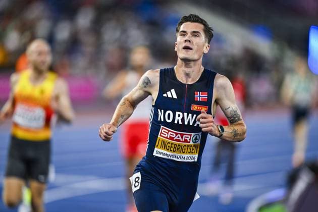 Norwegian Jakob Ingebrigtsen runs to win the men s 5000m race at the European Athletics Championships (August 10-18) in Birmingham, United Kingdom, on Monday 10 August 2026. ERICxLALMAND  x183108434x