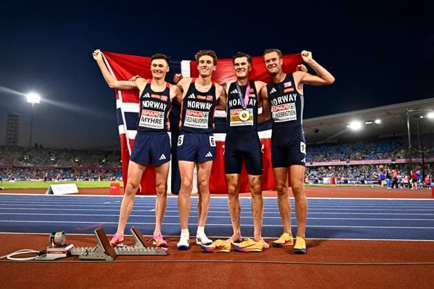 European Athletics Championships Birmingham 2026 - day 1 BIRMINGHAM, ENGLAND - AUGUST 10 : Team Norway with Ingebrigsten Jakob (NOR) winner of the gold medal during the 5000m on day 1 of the Birmingham 2026 European Athletics Championships on August 10, 2026 in Birmingham, England, 10 08 2026 Birmingham ENGLAND  Copyright: xTomasxSiskx