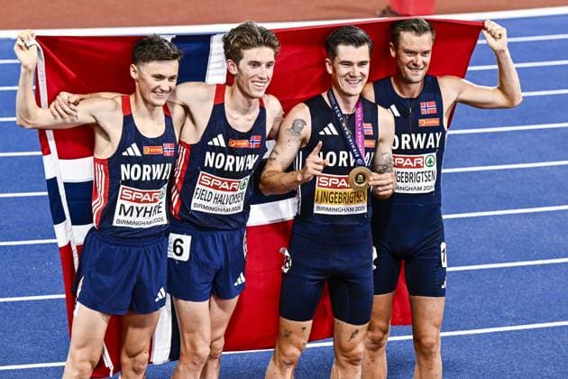 L-R, Norwegian Magnus Tuv Myhre, Norwegian Andreas Fjeld Halvorsen, gold medalist Norwegian Jakob Ingebrigtsen and Norwegian Filip Ingebrigtsen celebrate at the men s 5000m race at the European Athletics Championships (August 10-18) in Birmingham, United Kingdom, on Monday 10 August 2026. ERICxLALMAND  x183108901x