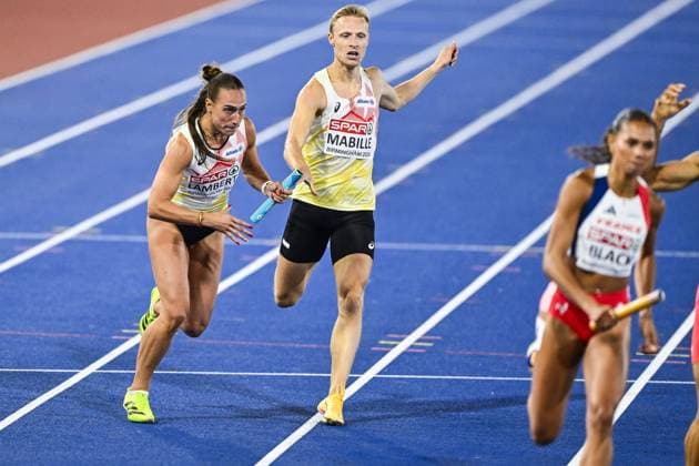 Belgian fourth runner Kylie Lambert and Belgian third runner Florent Mabille pictured in action during the finals of the 4x400m mixed relay at the European Athletics Championships (August 10-18) in Birmingham, United Kingdom, on Monday 10 August 2026. ERICxLALMAND  x183109914x