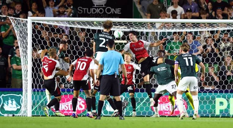 Alex Hartridge of Plymouth Argyle scores a goal to make the score 1-0 Plymouth Argyle v Exeter City, EFL Carabao Cup, First Round, Football, Home Park, Plymouth, UK - 10 Aug 2026Plymouth Home Park United Kingdom EDITORIAL USE ONLY No use with unauthorised audio, video, data, fixture lists, club league logos or live services. Online in-match use limited to 120 images, no video emulation. No use in betting, games or single club league player publications.  Copyright: xKieranxMcManus Shutterstockx 17061087bm