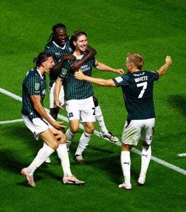 Alex Hartridge of Plymouth Argyle celebrates scoring a goal after making the score 1-0. Plymouth Argyle v Exeter City, EFL Carabao Cup, First Round, Football, Home Park, Plymouth, UK - 10 Aug 2026Plymouth Home Park United Kingdom EDITORIAL USE ONLY No use with unauthorised audio, video, data, fixture lists, club league logos or live services. Online in-match use limited to 120 images, no video emulation. No use in betting, games or single club league player publications.  Copyright: xJamesxMarsh Shutterstockx 17061088bx
