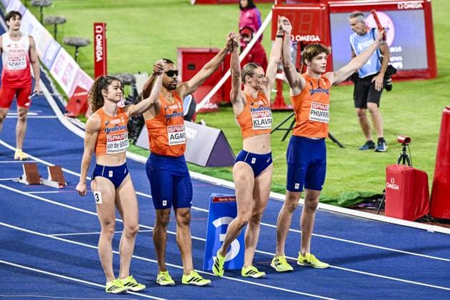 Dutch team celebrates after finishing third for a bronze medal at the finals of the 4x400m mixed relay at the European Athletics Championships (August 10-18) in Birmingham, United Kingdom, on Monday 10 August 2026. ERICxLALMAND  x183110085x