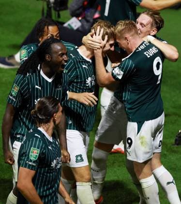 Alex Hartridge of Plymouth Argyle celebrates scoring a goal after making the score 1-0. Plymouth Argyle v Exeter City, EFL Carabao Cup, First Round, Football, Home Park, Plymouth, UK - 10 Aug 2026Plymouth Home Park United Kingdom EDITORIAL USE ONLY No use with unauthorised audio, video, data, fixture lists, club league logos or live services. Online in-match use limited to 120 images, no video emulation. No use in betting, games or single club league player publications.  Copyright: xJamesxMarsh Shutterstockx 17061088cr