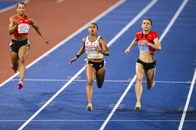 Third placed Belgian Delphine Nkansa and fourth placed Geraldine di Tizio-Frey pictured on the finish line of the final of the women s 100m race at the European Athletics Championships (August 10-18) in Birmingham, United Kingdom, on Monday 10 August 2026. ERICxLALMAND  x183110105x