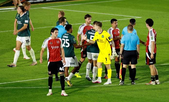 Players shake hands at full time. Plymouth Argyle v Exeter City, EFL Carabao Cup, First Round, Football, Home Park, Plymouth, UK - 10 Aug 2026Plymouth Home Park United Kingdom EDITORIAL USE ONLY No use with unauthorised audio, video, data, fixture lists, club league logos or live services. Online in-match use limited to 120 images, no video emulation. No use in betting, games or single club league player publications.  Copyright: xJamesxMarsh Shutterstockx 17061088cv