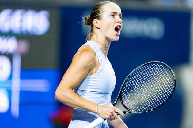 TORONTO, ON - AUGUST 10: Elina Svitolina of Ukraine celebrates after winning a point during her Quarter-final match of the WTA, Tennis Damen National Bank Open tournament on August 10, 2026 at Sobeys Stadium in Toronto, ON, Canada (Photo by Julian Avram Icon Sportswire) TENNIS: AUG 10 National Bank Open EDITORIAL USE ONLY Icon2608100122