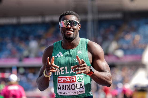 2026 European Athletics Championships, Alexander Stadium, Birmingham, England 11 8 2026 Men™s 100m Round One Heat 2 Ireland™s Bori Akinola celebrates winning Bori Akinola celebrates winning 11 8 2026  Copyright: xx 0S9A0604