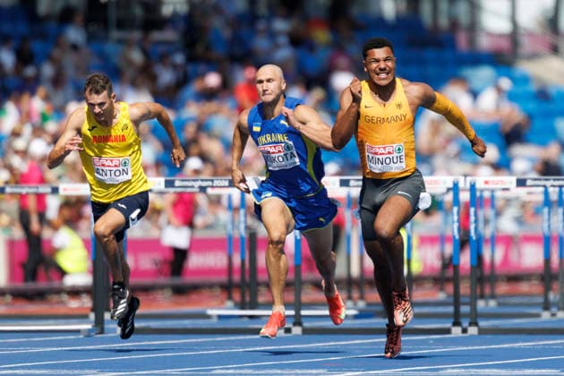 BIRMINGHAM, GREAT BRITAIN - AUGUST 11, 2026 : Alin Ionut ANTON (ROU Romania), Oleh KUKOTA (UKR Ukraine), Gregory MINOUE (GER Germany) competing in the 110m hurdles during the European Athletics Championships at Alexander Stadium on August 11, 2026 in Birmingham, Great Britain. Oregon Great Britain Copyright: xAxelxKohringx