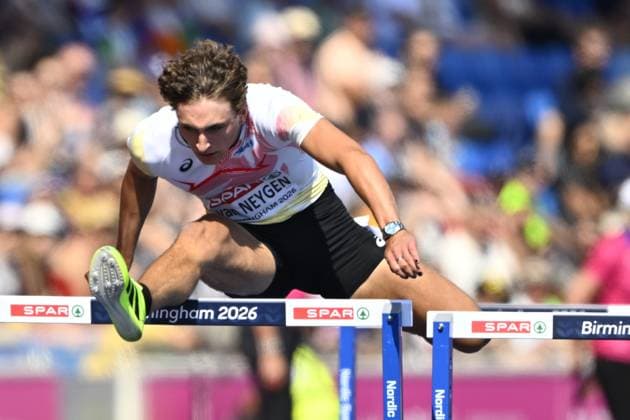 Belgian Zeno Van Neygen reacts at the first round heats of the Men 110m hurdles race, on the second day of the European Athletics Championships (August 10-18) in Birmingham, United Kingdom, on Tuesday 11 August 2026. ERICxLALMAND  x183144660x