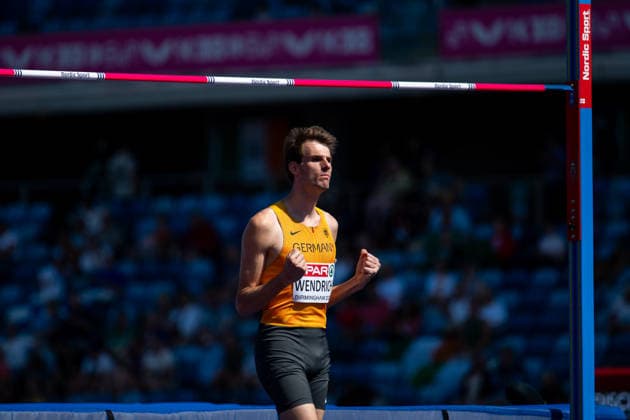 11.08.2026, GBR, Leichtathletik, Europameisterschaft 2026, Morgensession Tag 2, Birmingham Falk Wendrich ( Deutschland ) freut sich über einen guten Sprung, Hochsprung Herren, Qualifikation Birmingham Alexander Stadium England Großbritannien *** August 11, 2026, GBR, Track and Field, 2026 European Championships, Morning Session, Day 2, Birmingham; Falk Wendrich of Germany is pleased with a good jump, Men s High Jump, Qualifying Round, Birmingham Alexander Stadium, England, Great Britain Copyright: xNordphoto Memmlerx