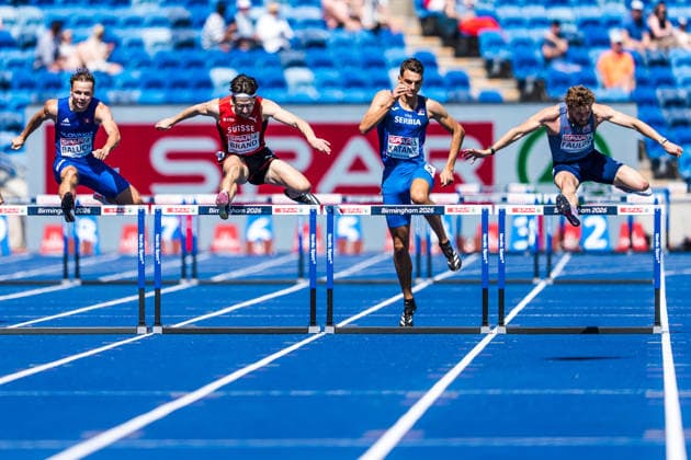 European Athletics Championships; Birmingham, 11.08.2026 BIRMINGHAM, UNITED KINGDOM - AUGUST 11: left to right: Matej Baluch (SVK - Slovakia), Dany Brand (Switzerland), Mihajlo Katanic (SRB - Serbia), and Joshua Faulds (GBR - Great Britain) over the last hurdle in the first round of the mens 400 m hurdles on August 11, 2026 in Birmingham, United Kingdom. *** European Athletics Championships, Birmingham, August 11, 2026 BIRMINGHAM, UNITED KINGDOM AUGUST 11 From left to right: Matej Baluch (SVK) Slovakia, Dany Brand (Switzerland), Mihajlo Katanic (SRB, Serbia), and Joshua Faulds (GBR, Great Britain) clearing the final hurdle in the first round of the men’s 400-meter hurdles on August 11, 2026, in Birmingham, United Kingdom Copyright: xBEAUTIFULxSPORTS UlfxSchillerx