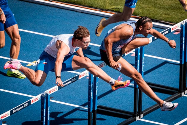 European Athletics Championships in Birmingham, United Kingdom, August 11, 2026. Jonas Kolomaznik of Czech Republic (left) during the Men s 110m Hurdles - Heats. (CTKxPhoto JaroslavxSvoboda) CTKPhotoP2026081103769  CTKPhotoP2026081103769