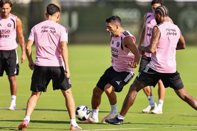 FORT LAUDERDALE, FL - AUGUST 11: Luis Suarez (9) of Inter Miami CF is seen during an Inter Miami Training Session at Florida Blue Training Center on August 11, 2026 in Fort Lauderdale, Florida. (Photo by Chris Arjoon Icon Sportswire) SOCCER: AUG 11 Inter Miami CF Training EDITORIAL USE ONLY Icon26081100000025