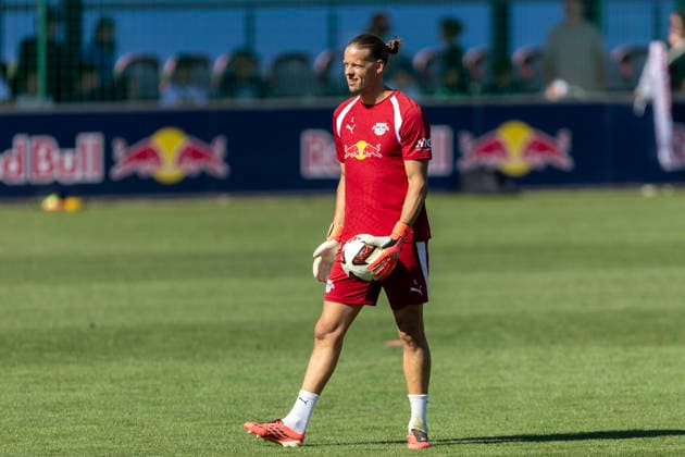 GER, Leipzig, Soccer, RB Leipzig public training session—pictured from left: Oerjan Nyland, RB Leipzig 01, August 11, 2026, RB Leipzig Training Academy, Cottaweg, Leipzig; DFL, DFB regulations prohibit any use of photographs as image sequences and or quasi-video, Copyright: HMBxMedia PaulxFritz