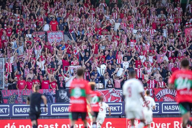 NIJMEGEN , 08-07-2026 , Stadium De Goffert , season 2026 2027 , Third qualifying round UEFA Champions League 2nd leg football , match between NEC Nijmegen and Olympiacos , picture shows atmosphere in the stadium NEC - Olympiacos  x205633684x Copyright:
