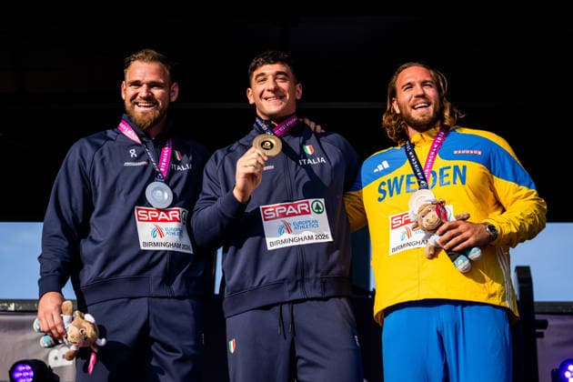 Athletics, European Championships in Birmingham, shot put, men, medal ceremony with European champion Leonardi Fabbri