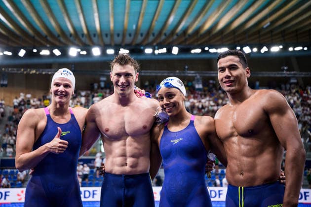 260811 Marie Wattel, Maxime Grousset, Mary-Ambre Moluh and Carl Aitkaci of France after competing in mixed 4x100 meters freestyle swimming relay final during day twelve of the 2026 European Aquatics Championships on August 11, 2026 in Saint-Denis. Photo: Joel Marklund BILDBYRAN kod JM JM0839 bbeng simning swimming svomming 2026 european aquatics championships em *** August 11, 2026: Marie Wattel, Maxime Grousset, Mary Ambre Moluh, and Carl Aitkaci of France after competing in the mixed 4x100-meter freestyle swimming relay final on the twelfth day of the 2026 European Aquatics Championships on August 11, 2026 in Saint-Denis. Photo by Joel Marklund. BILDBYRAN code JM JM0839 bbeng swimming 2026 European Aquatics Championships EM  Copyright: JOELxMARKLUND BB260811JM206