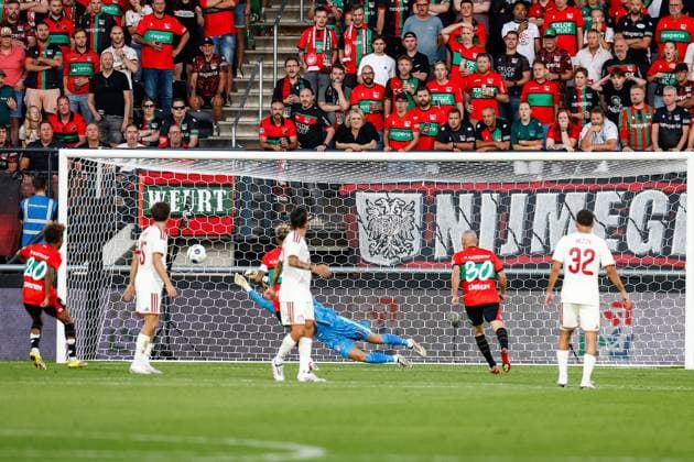 NIJMEGEN , 08-07-2026 , Stadium De Goffert , season 2026 2027 , Third qualifying round UEFA Champions League 2nd leg football , match between NEC Nijmegen and Olympiacos , picture shows goal attempt by NEC player Emre Mor NEC - Olympiacos  x205634416x Copyright: