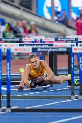 BIRMINGHAM, GREAT BRITAIN - AUGUST 11, 2026 : Franziska SCHUSTER (GER Germany) falls down competing in the 100m hurdles semifinal during the European Athletics Championships at Alexander Stadium on August 11, 2026 in Birmingham, Great Britain. Great Britain Copyright: xLeahxKohringx