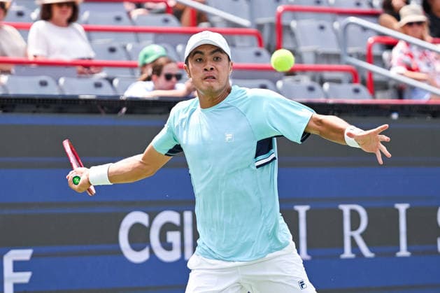 MONTREAL, QC - AUGUST 11: Brandon Nakashima (USA) returns the ball during a quarterfinal match at National Bank Open on August 11, 2026 at IGA Stadium in Montreal, QC (Photo by David Kirouac Icon Sportswire) TENNIS: AUG 11 National Bank Open EDITORIAL USE ONLY Icon26081101826