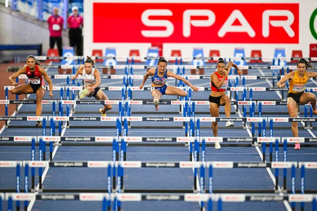 LKS 20260811 Elea Jørstad Bock (L) of Norway, Elena Carraro of Italy, Saara Keskitalo of Finland, Ditaji Kambundji of Switzerland and Rosina Schneider of Germany during qualification of womens 100m hurdles at the European Athletics Championships in Birmingham, England on August 11, 2026. - ANTTI AIMO-KOIVISTO Birmingham United Kingdom v4dvrsHqvr4  Copyright: xAnttixAimo-Koivistox v4dvrsHqvr4