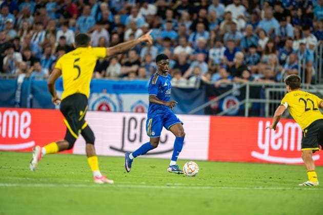 Suleiman Camara with the ball during Champions League qualifying round 3 match, SK Slovan Bratislava - Mjallby AIF , 11. august 2026, Tehelne pole Stadium, Bratislava, Slovakia Copyright: xMICHALxFAJT,ZOSPORTU.SKx MAJ_6020