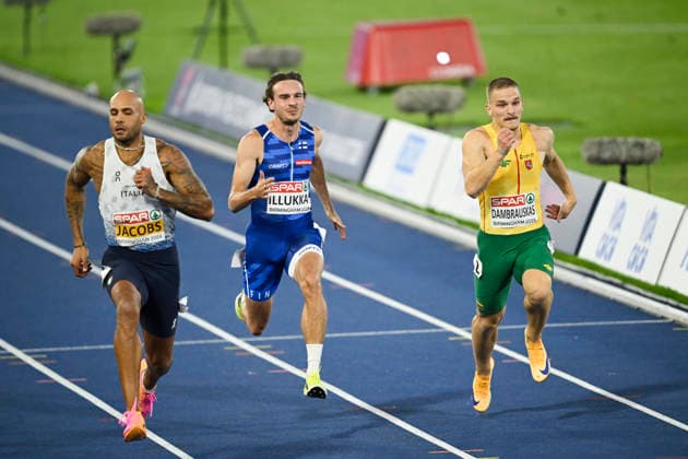 LKS 20260811 Lamont Marcell Jacobs of Italy, Riku Illukka of Finland and Adas Dambrauskas of Lithuania during semifinals of mens 100m at the European Athletics Championships in Birmingham, England on August 11, 2026. - ANTTI AIMO-KOIVISTO Birmingham United Kingdom TjHXdiFS_pk  Copyright: xAnttixAimo-Koivistox TjHXdiFS_pk